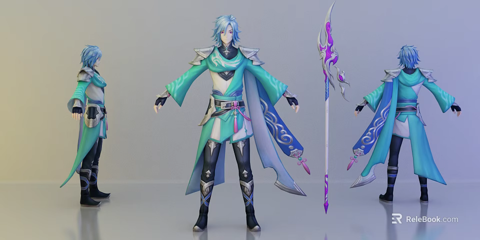 Game Character Design With Blue Hair Green Blue Outfit And Purple Accent Spear 3d model 