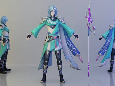 Game Character Design With Blue Hair Green Blue Outfit And Purple Accent Spear 3d model