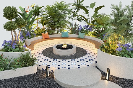 Courtyard Landscape Flower Pond Courtyard Card Seat Landscape Plants 3d model