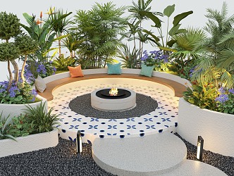 Courtyard Landscape Flower Pond Courtyard Card Seat Landscape Plants 3d model