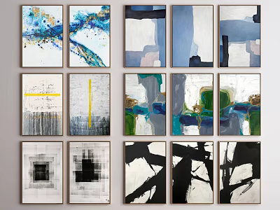 Abstract Paintings Framed Collection With Blue Green Black White Tones And Geometric Lines 3d model