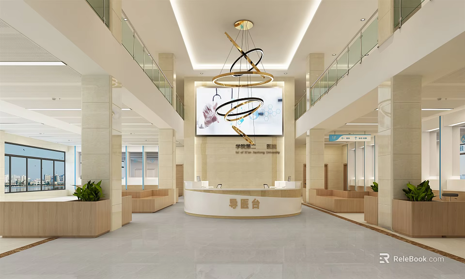 Modern Lobby Interior With Reception Desk Chandelier Large Screen And Seating 3d model