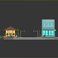 Cartoon City Scene With Crossroads Colorful Buildings Park Trees And Street Lamps