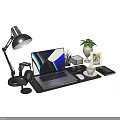 Modern Laptop Workspace With Headphones Desk Lamp Potted Plant And Photo Frame