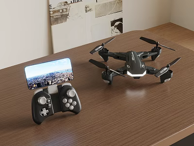 Black Foldable Drone With Remote Controller And City View Screen 3d model