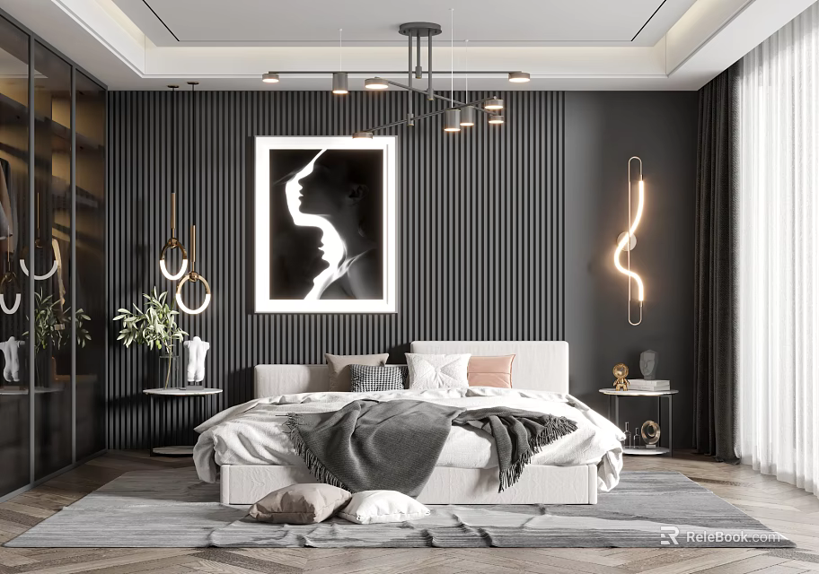 Modern Bedroom Interior Design With Striped Walls Black White Portrait And Chandelier 3d model 