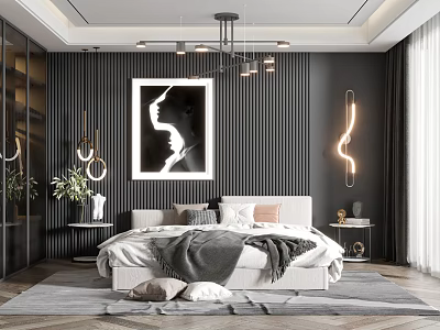 Modern Bedroom Interior Design With Striped Walls Black White Portrait And Chandelier 3d model