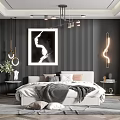 Modern Bedroom Interior Design With Striped Walls Black White Portrait And Chandelier