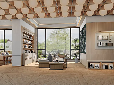 Modern Bookstore Interior With Wooden Bookshelves Cozy Sofas Large Windows And Pendant Lights 3d model