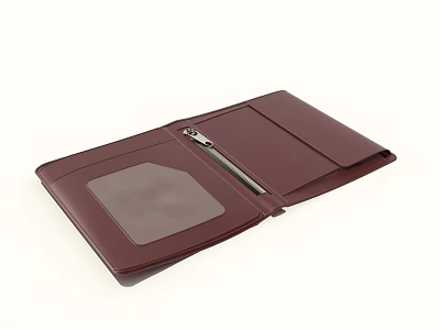 Maroon Leather Portfolio Folder Open Featuring Card Slot and Metal Clip for Business 3d model