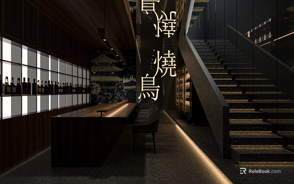 Upscale Dark Style Yakitori Japanese Restaurant Interior With Warm Wooden Bar And Illuminated Staircase 3d model 