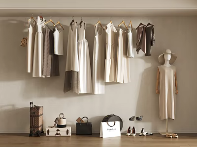 Neutral Tones Hanging Clothes Display With Mannequin Handbags Shoes And Hat 3d model