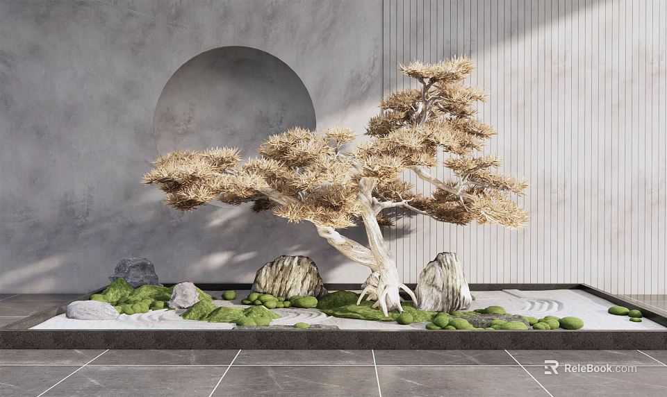 Courtyard Garden Design With Circular Arch Pine Tree Decorative Rocks Green Moss And Gravel 3d model 