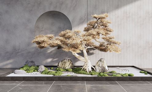 New Chinese style landscape sketch courtyard landscape sketch moss stone landscape pine withered mountain stone gardening landscape Zen sketch 3d model