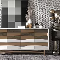 Luxury Modern Console Table and Side Cabinet Interior With Geometric Wallpaper Sculpture and Marble Top
