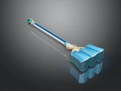 Blue And Gold Fantasy Hammer With Long Handle And Decorative Details For Game Weapons 3d model