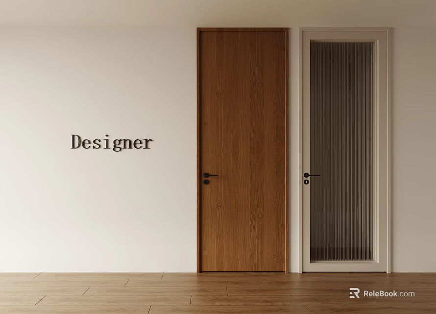 Brown Wooden and Glass Hinged Doors on White Wall with Wooden Floor and Designer Text 3d model 