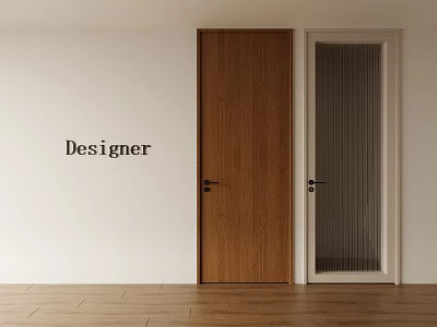 Brown Wooden and Glass Hinged Doors on White Wall with Wooden Floor and Designer Text 3d model