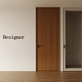 Brown Wooden and Glass Hinged Doors on White Wall with Wooden Floor and Designer Text