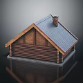 Log Cabin With Gray Sloped Roof Brick Chimney And Wooden Log Walls