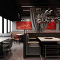 Modern Hotpot Restaurant Interior Design With Booth Seats Dining Tables And Decorative Wall Posters