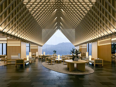 Elegant Hotel Lobby With Wooden Lattice Ceiling Large Windows Mountain View And Round Coffee Tables 3d model