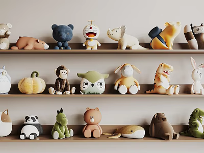 Plush Toys on Shelves with Various Animal Designs and Multiple Colors for Kids Room Decoration 3d model