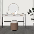 Modern Minimalist Dressing Table With Round Mirror White Top Drawers And Brown Padded Stool