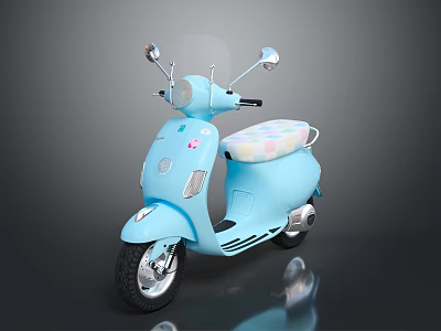 Light Blue Scooter with Transparent Windshield Rearview Mirrors Pink Patterned Seat and Rounded Body Design 3d model