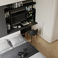 Tatami Bedroom With Bed Black Gray Bedding Window City View Bookshelves Desk Chair Herringbone Floor