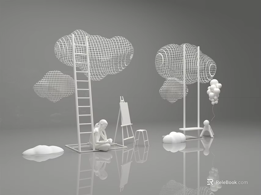 Creative Scene Featuring Mesh Clouds Ladder Easel Figures and Balloons on Gray Background 3d model