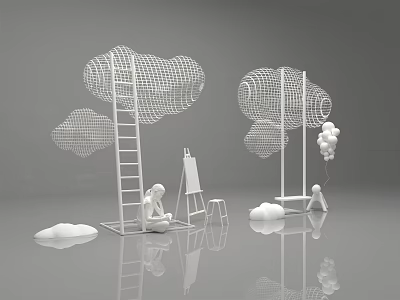 Creative Scene Featuring Mesh Clouds Ladder Easel Figures and Balloons on Gray Background 3d model