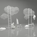Creative Scene Featuring Mesh Clouds Ladder Easel Figures and Balloons on Gray Background 3d model