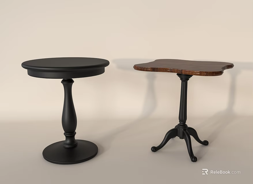 Two Round Tables With Different Designs Black Brown Tops And Unique Bases For Home Decor 3d model 