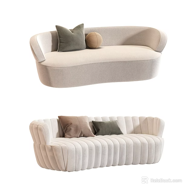 Beige Multi Seat Sofa With Rounded Design Tufted Upholstery And Decorative Cushions 3d model 
