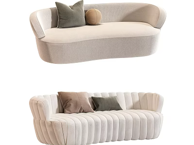 Beige Multi Seat Sofa With Rounded Design Tufted Upholstery And Decorative Cushions 3d model