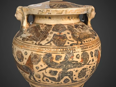Ancient Terracotta Jar With Double Handles Lid And Intricate Animal Geometric Patterns 3d model