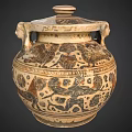Ancient Terracotta Jar With Double Handles Lid And Intricate Animal Geometric Patterns