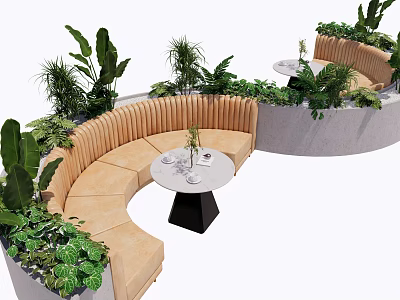 Outdoor Curved Landscape Seating with Lush Green Plants and Round Table 3d model