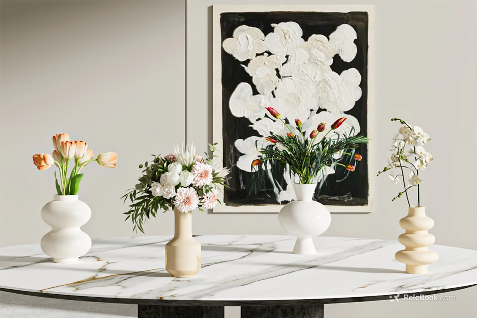 Various Vases with Fresh Flowers on Round Marble Table and Floral Abstract Artwork 3d model 