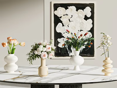 Various Vases with Fresh Flowers on Round Marble Table and Floral Abstract Artwork 3d model