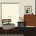 Modern Entryway Cabinet And Side Cabinet With Woven Chair And Decorative Table