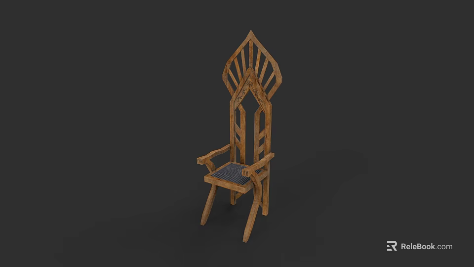 Traditional Wooden Armchair With Unique Carved Back Design And Dark Seat Cushion 3d model 