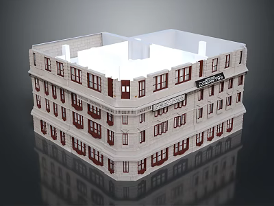 Multi Story Residential Building Exterior Design With Stone Facade Dark Framed Windows And White Roof 3d model