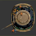 Ornamental Sphere Sculpture With Blue Green Surface Golden Base Circular Gold Element And Metal Frame