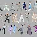 Group Of People Practicing Tai Chi In Various Postures 3d model