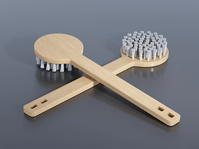 Household Cleaning Brushes With Wooden Handles Round Heads And White Bristles 3d model