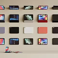 Showcase Various Smartphones And Digital Devices With Colorful Screens Arranged On Display Shelves