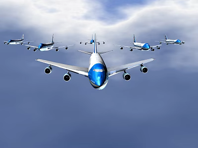 Multiple Blue And White Airliners Flying Through Clouds In The Sky 3d model