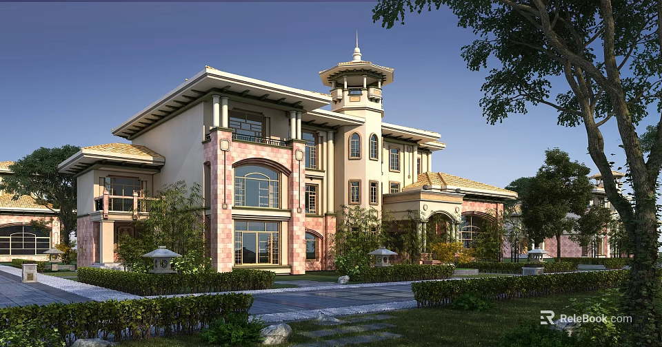 European Style Detached Villa With Tower Courtyard Greenery And Stone Brick Exterior 3d model 